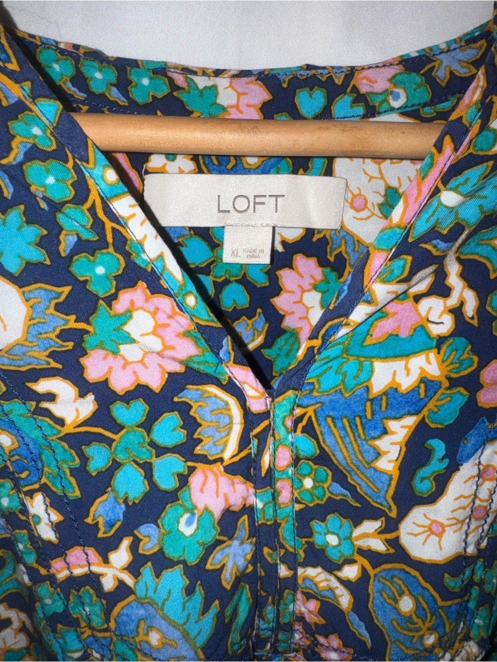 LOFT Floral V-Neck Long-Sleeve Blouse in Navy, Pink and Teal - Picture 2 of 6
